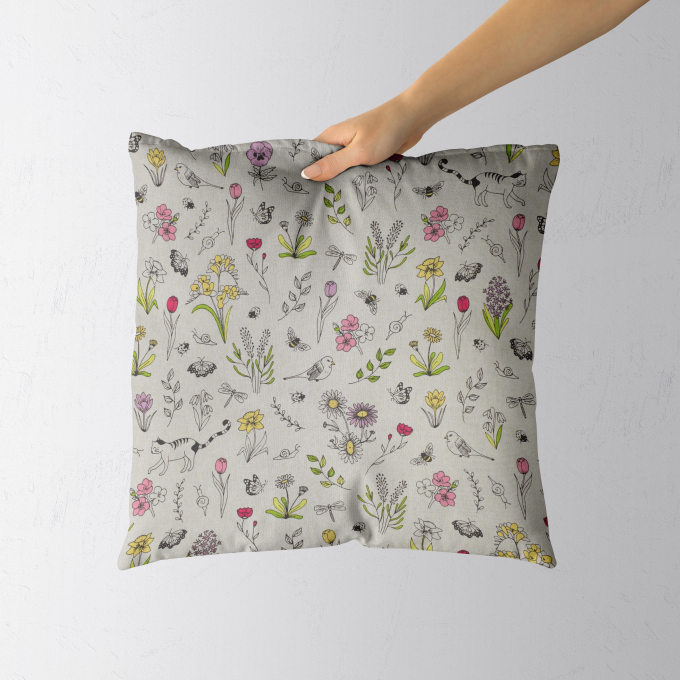 Tissu déco semi panama Printemps Spring Time,naturel