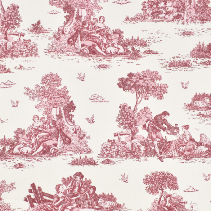 Tissu déco semi panama toile de jouy, lie de vin – blanc cassé