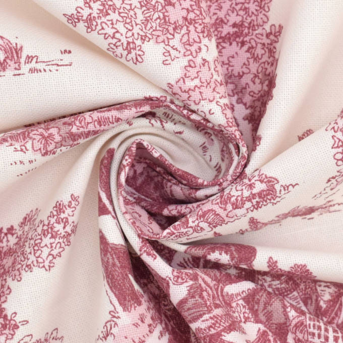 Tissu déco semi panama toile de jouy, lie de vin – blanc cassé