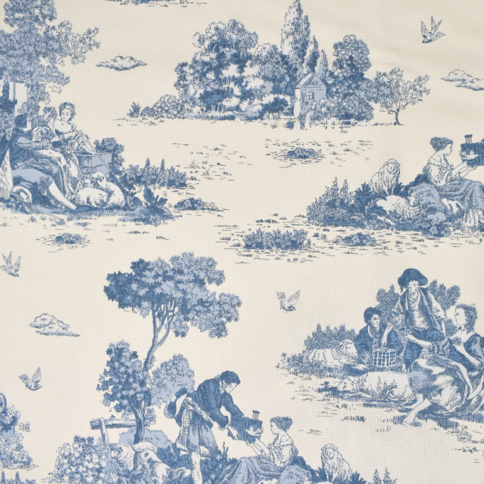 Tissu déco semi panama toile de jouy, bleu – blanc cassé