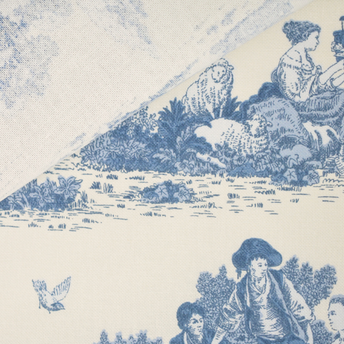 Tissu déco semi panama toile de jouy, bleu – blanc cassé