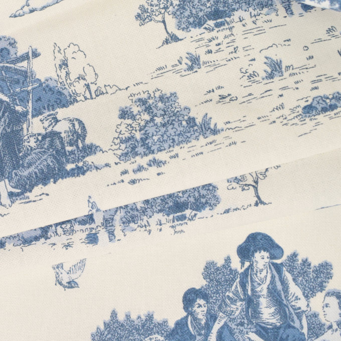 Tissu déco semi panama toile de jouy, bleu – blanc cassé