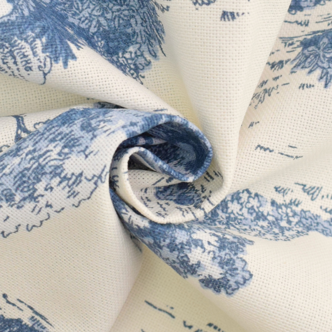 Tissu déco semi panama toile de jouy, bleu – blanc cassé