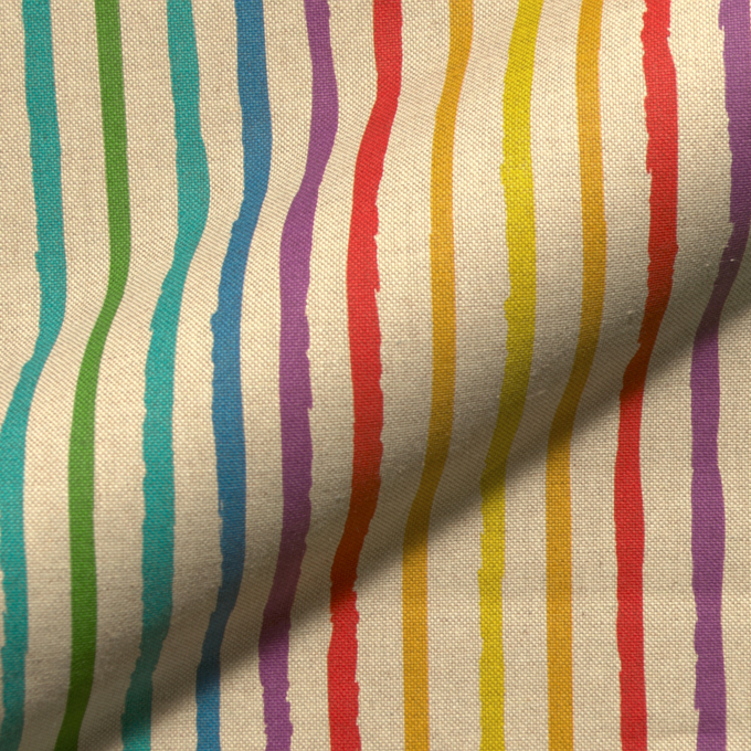 Tissu déco semi panama à rayures et licornes, naturel