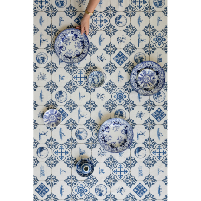 Tissu déco semi panama similaire aux carreaux de Delft Vintage