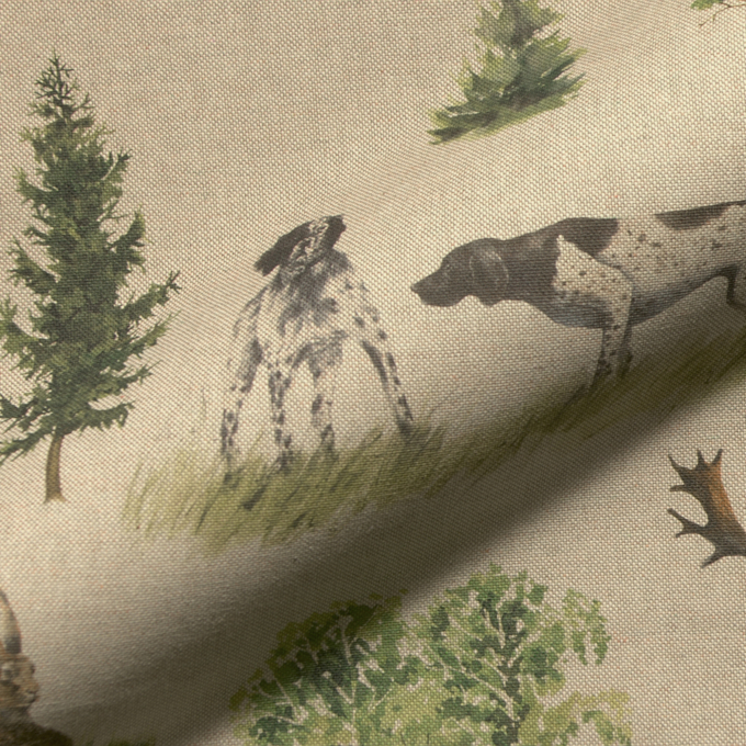 Tissu déco semi panama faisans cerfs biches chiens, naturel