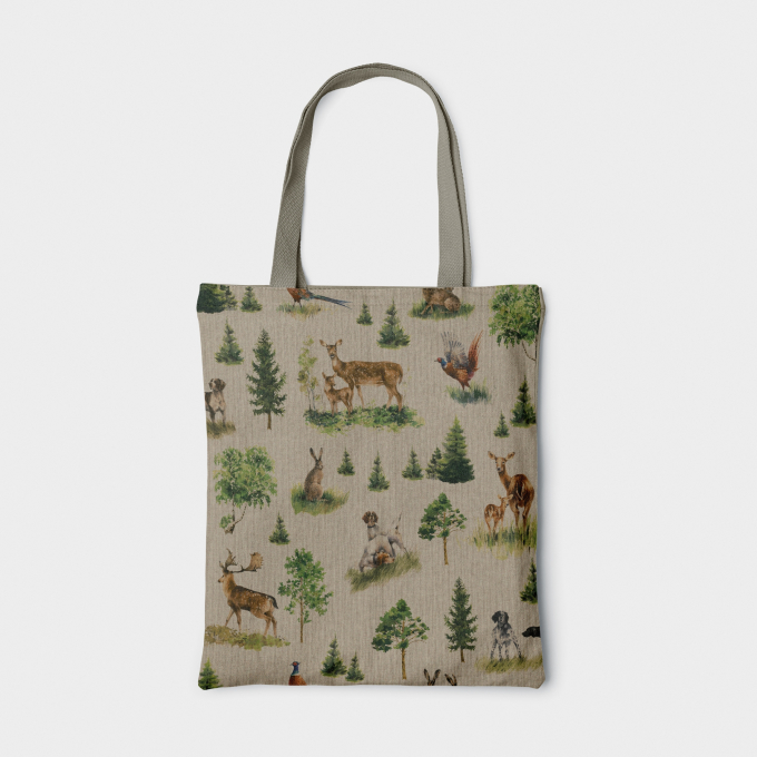 Tissu déco semi panama faisans cerfs biches chiens, naturel