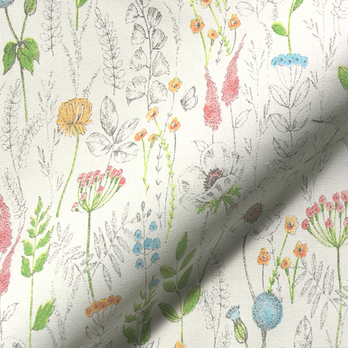 Decoration fabric half panama wild flowers, off-white