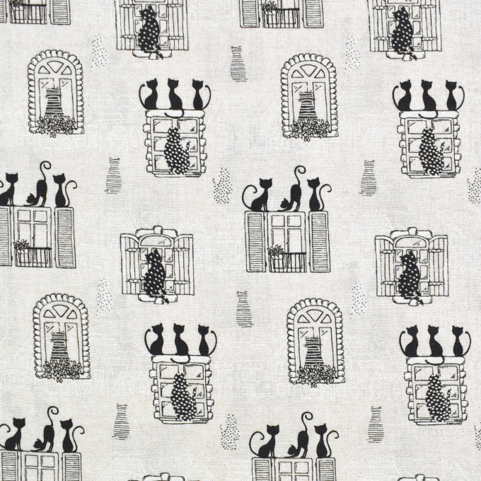Tissu déco ottoman chats à la fenêtre, beige