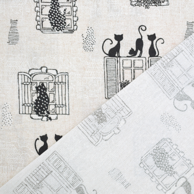 Tissu déco ottoman chats à la fenêtre, beige