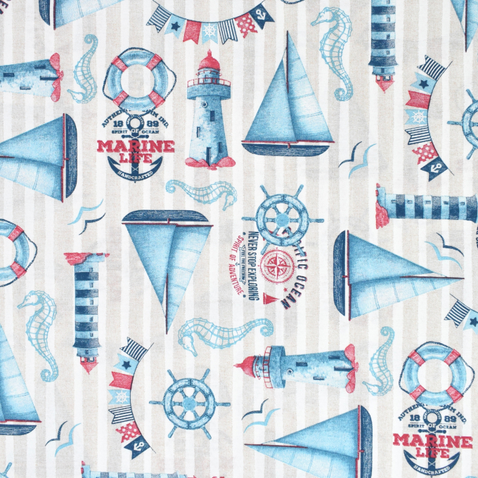 Tissu déco ottoman Bord de mer chic Marine Life, blanc