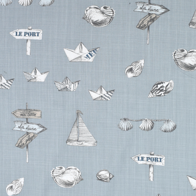 Tissu déco panama Maritime voilier bord de mer chic, gris bleu