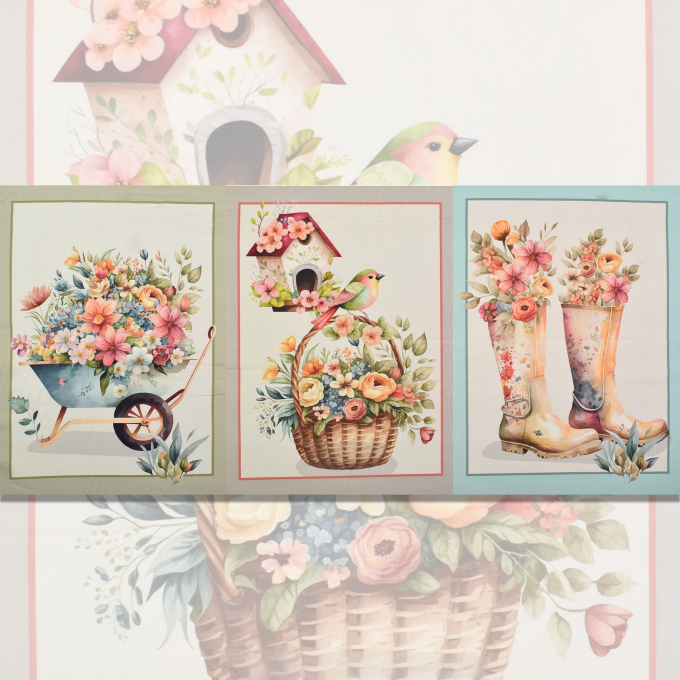 Tissu déco coton sergé panneau Le bonheur au jardin, 160x70cm