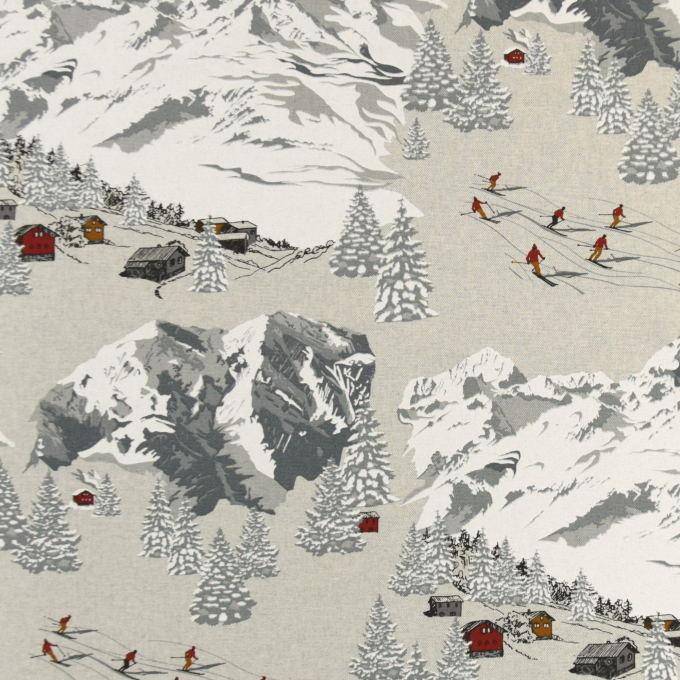 Tissu déco toile Savoie skieurs Noël Ski Resort, beige clair