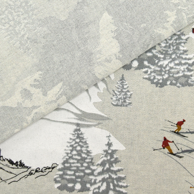 Tissu déco toile Savoie skieurs Noël Ski Resort, beige clair