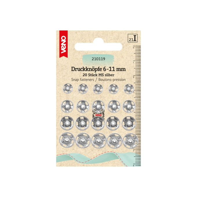 20 Boutons pression 6-11 mm, argent