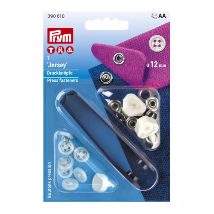 Boutons press. Jersey laiton, 12 mm calotte, Optique de couture, blanc