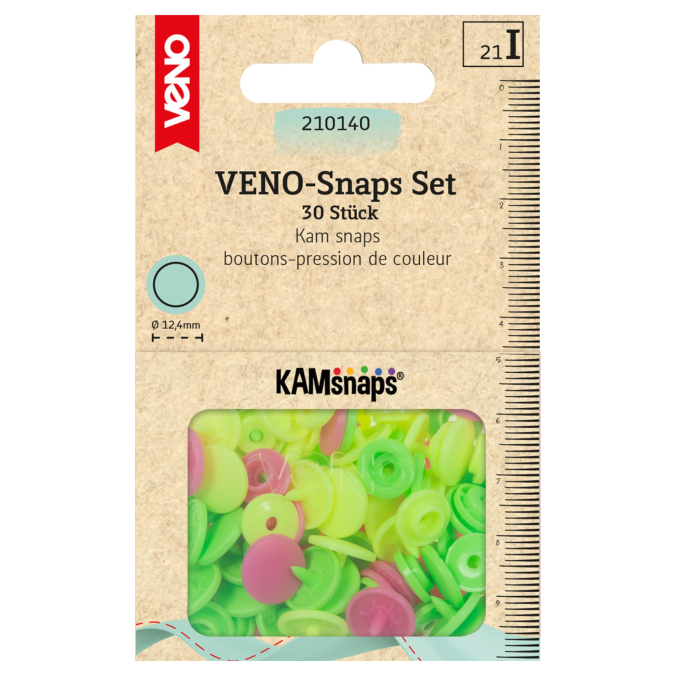 30 Boutons pression Snap Ø12,4mm KAMsnaps Color Mix Veno, jaune fluo - vert fluo - rose fluo