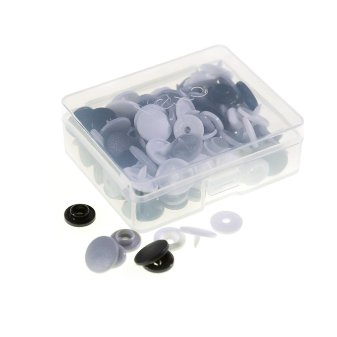 30 Boutons pression Snap Ø12,4mm KAMsnaps Color Mix Veno, noir-blanc-gris