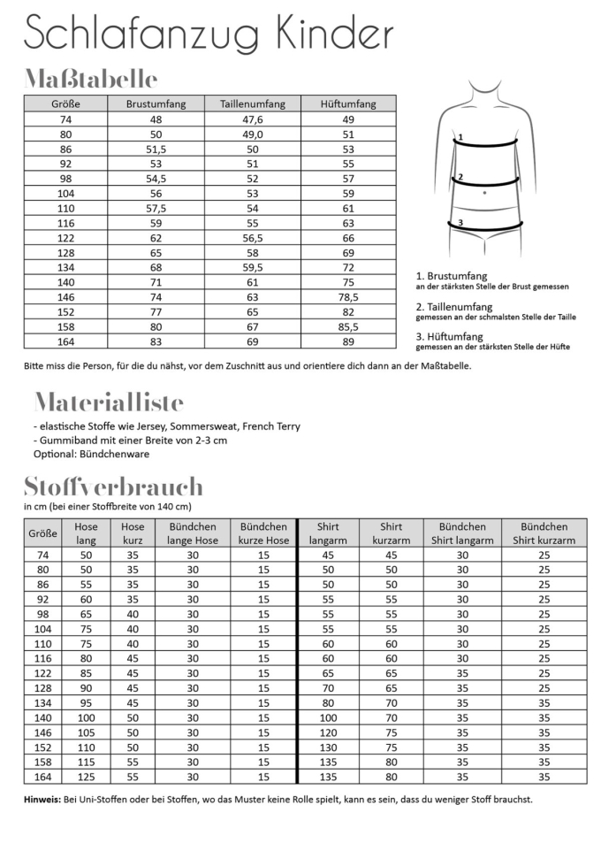 Patron pyjama enfant pdf Fadenkäfer, en allemand