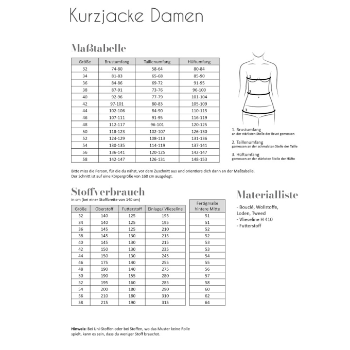 Patron veste femme pdf Kurzjacke Fadenkäfer, en allemand