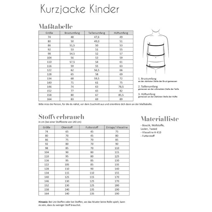 Patron veste enfant pdf Kurzjacke Fadenkäfer, en allemand