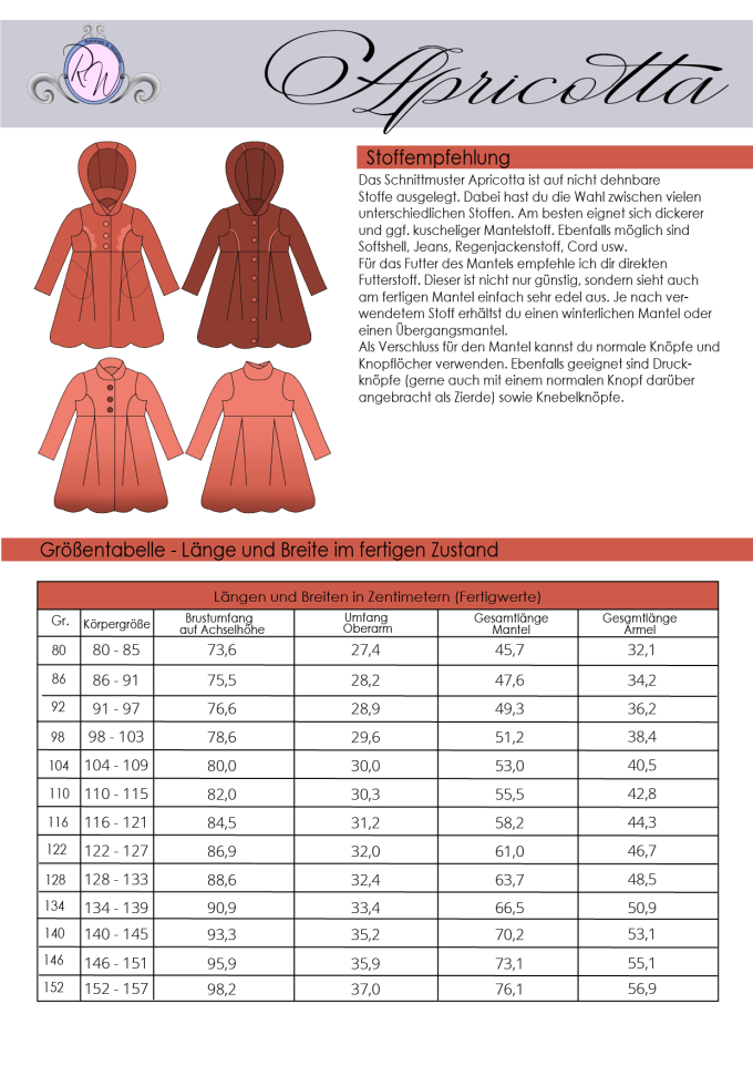 Ebook patron manteau enfant Apricotta Rosalieb & Wildblau, en allemand