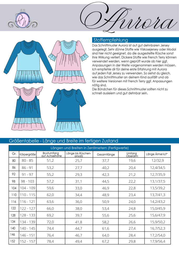 Patron robe / top enfant pdf Aurora Rosalieb & Wildblau, en allemand
