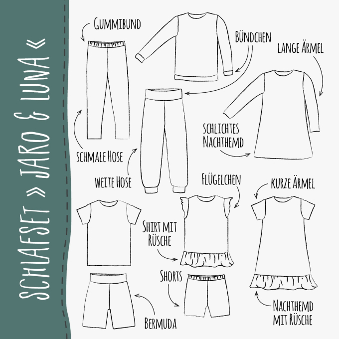 Patron chemise de nuit / pyjama enfant pdf Jaro & Luna Snygges, en allemand