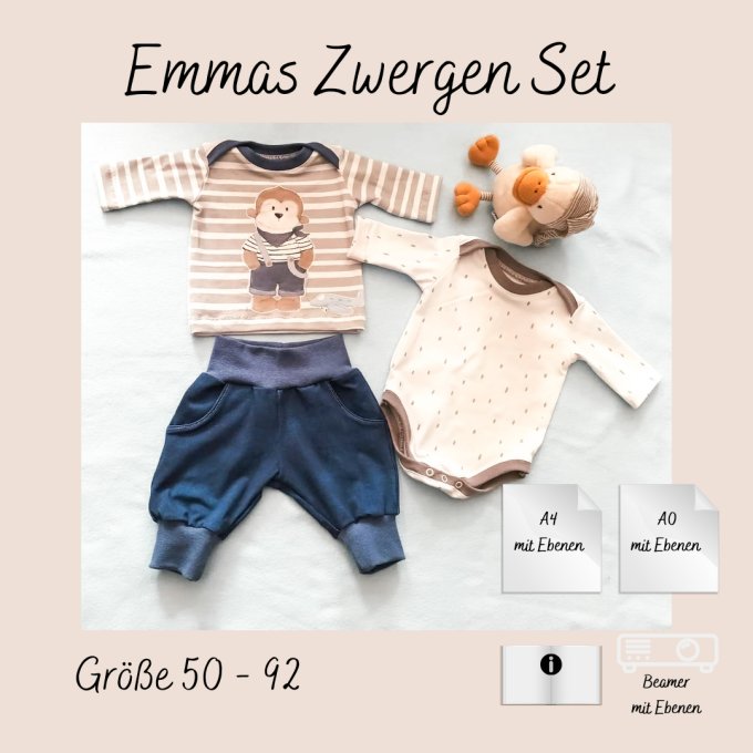 Patron vêtements bébé pdf Zwergenset Tante Emmas Nähladen, en allemand