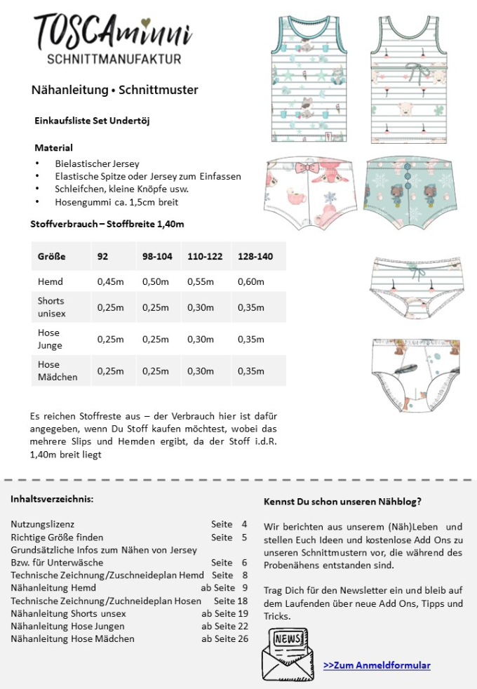 Patron sous-vêtements fille & garçon pdf Mr. & Mrs. Undertöj TOSCAminni Schnittmanufaktur, en allema