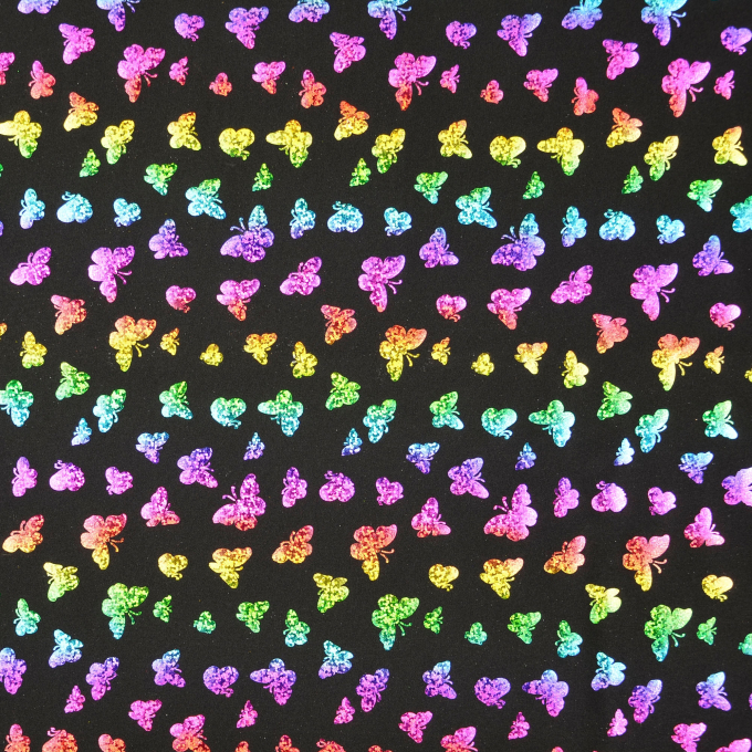 Elastic Folienjersey Bunte Schmetterlinge, schwarz