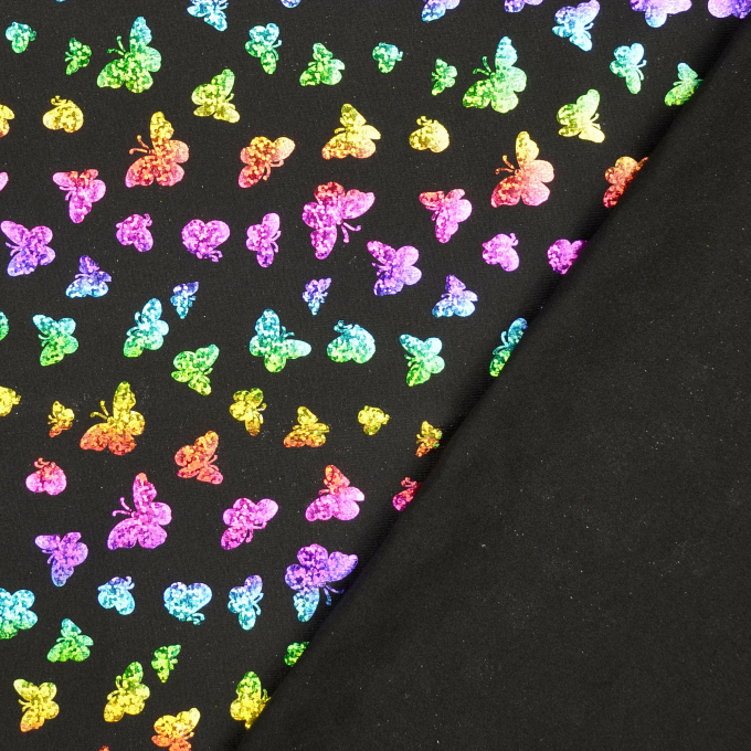 Elastic Folienjersey Bunte Schmetterlinge, schwarz