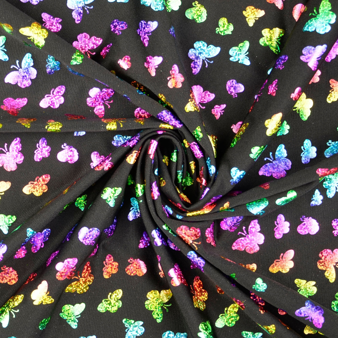 Elastic Folienjersey Bunte Schmetterlinge, schwarz