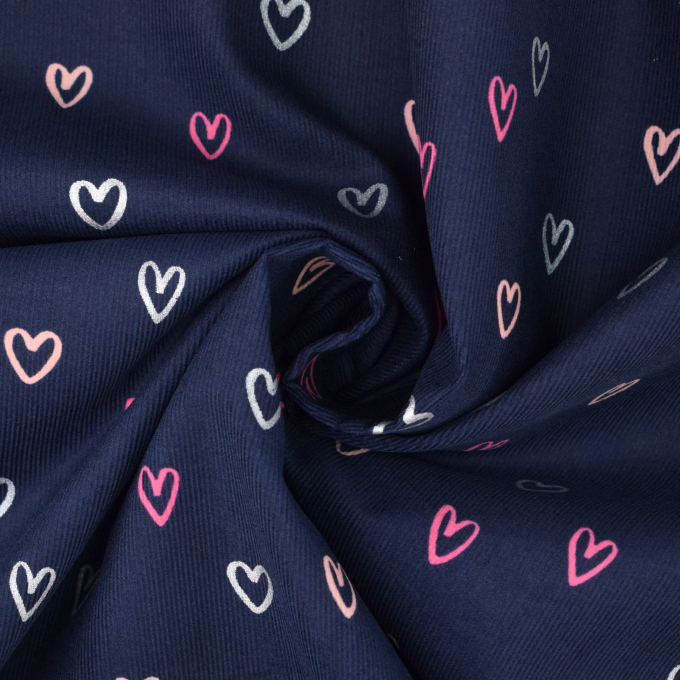 Tissu velours côtelé milleraies Coeurs Hearts, bleu marine