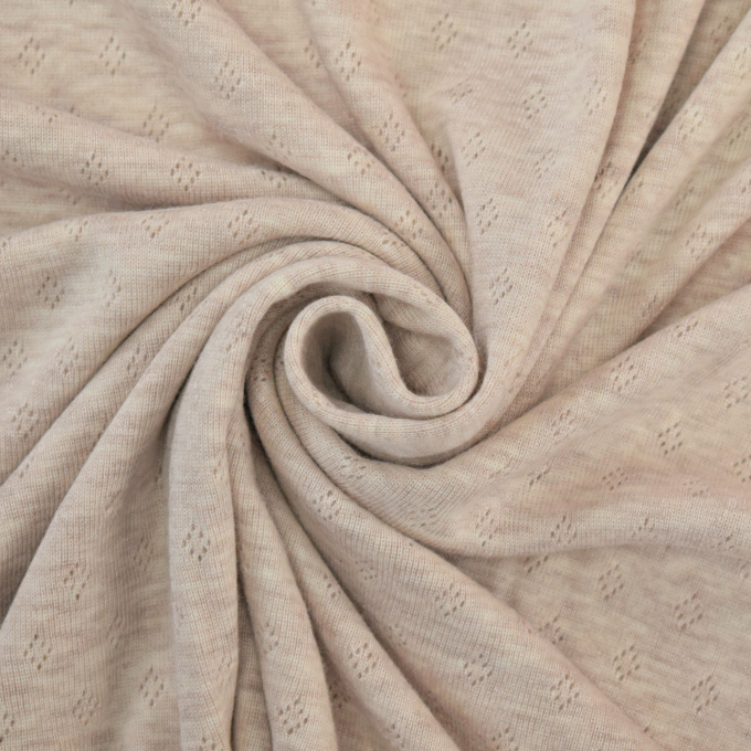 Tissu jersey de coton maille tricot fin Ajour, beige clair chiné