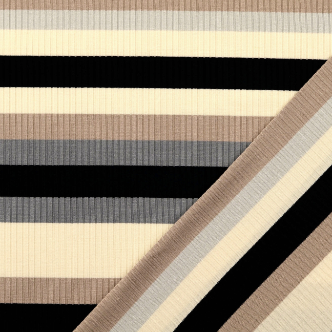Tissu maille tricot fin côtelé rayé, beige