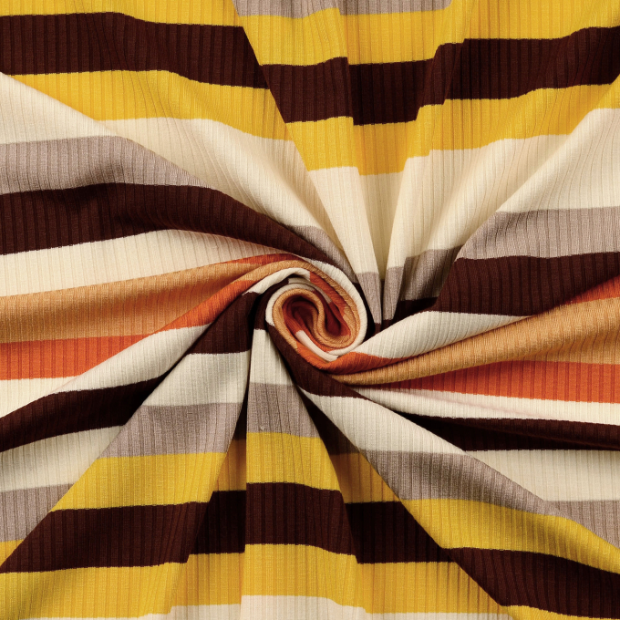 Tissu maille tricot fin côtelé rayé, orange