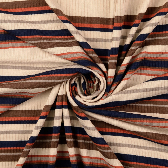 Tissu maille tricot fin côtelé rayé, beige