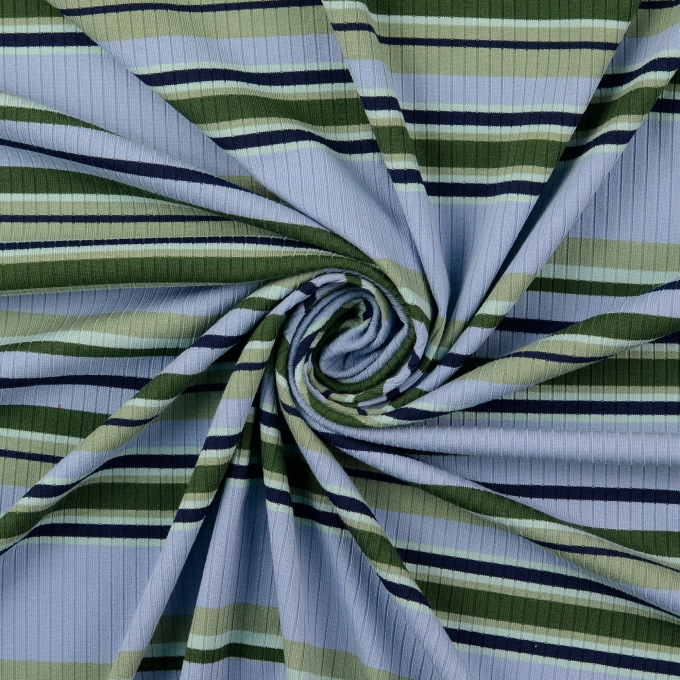 Tissu maille tricot fin côtelé rayé, bleu