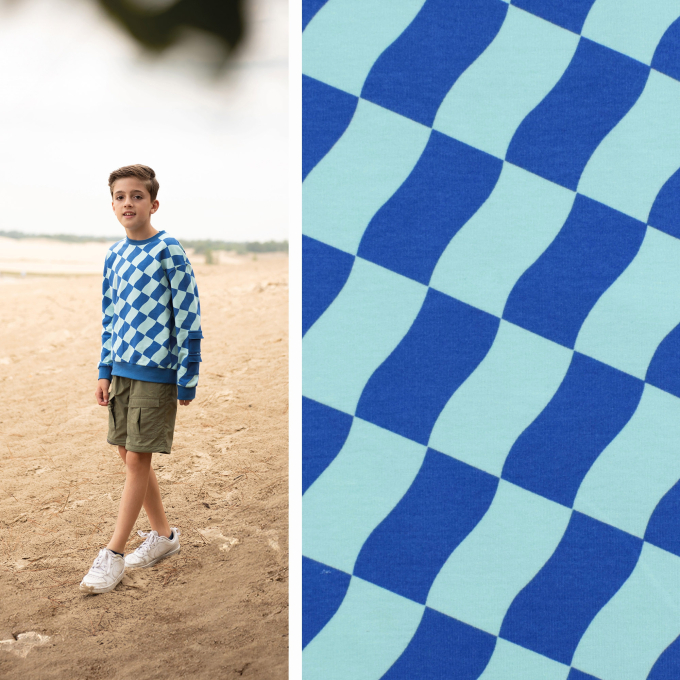 French Terry roughened Check Poppy, blue