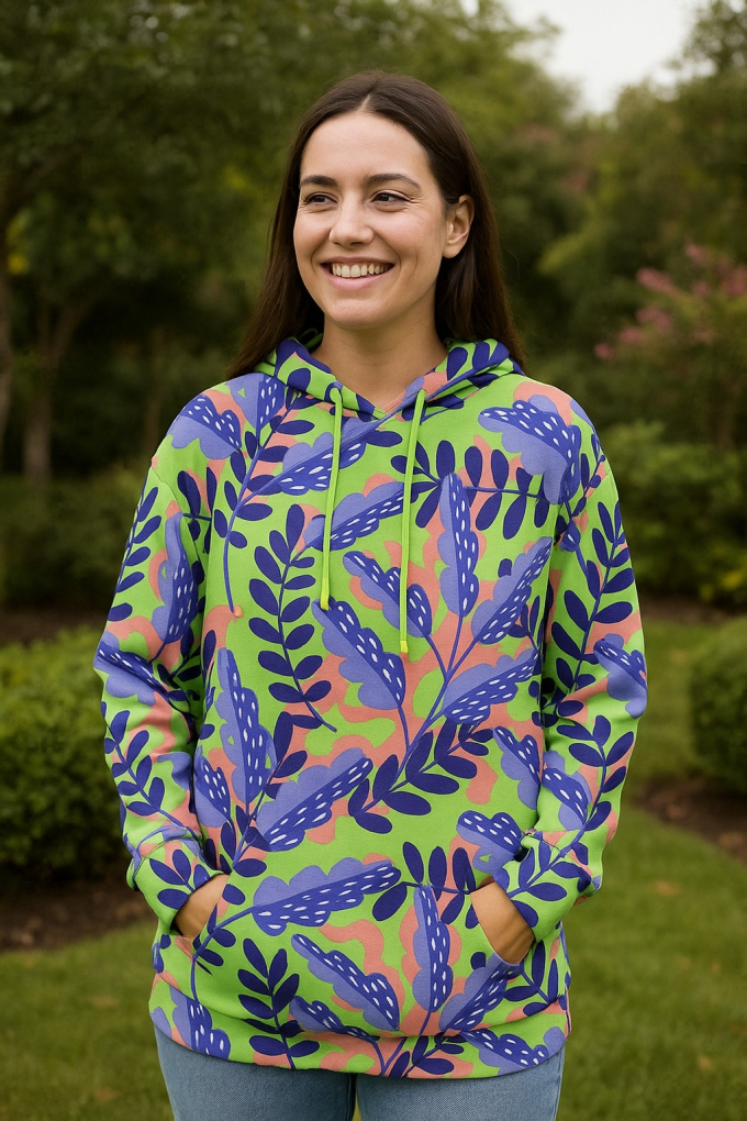 French Terry roughened Colourful Leaves, light green