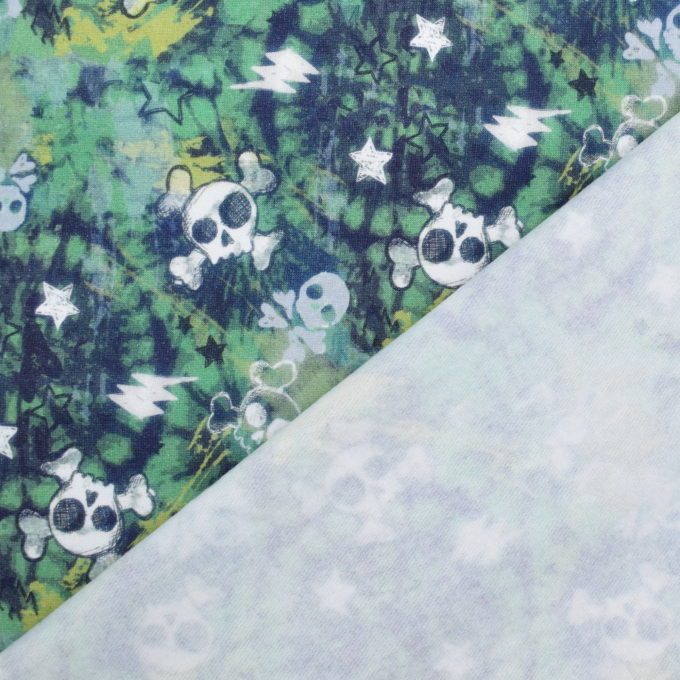 French Terry opgeruwd Little Skulls, groen