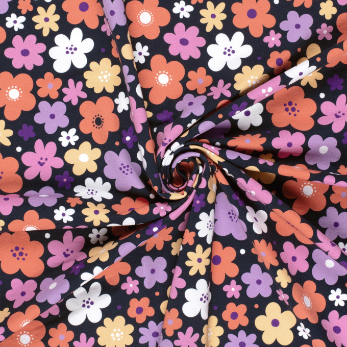 Tissu french terry gratté Vintage Rétro Flowers, bleu marine