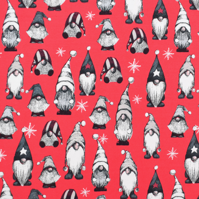 French Terry geruwd Vintage Gnomes, rood