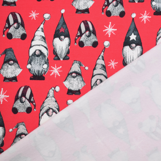 French Terry geruwd Vintage Gnomes, rood