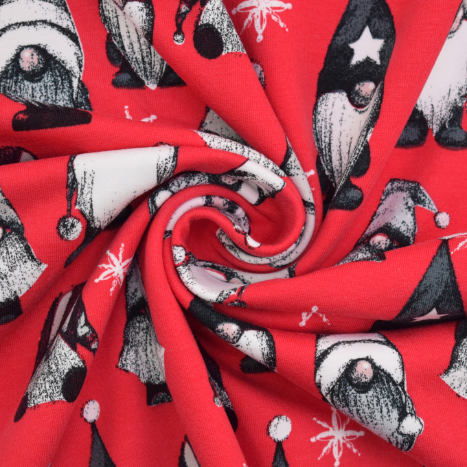 French Terry geruwd Vintage Gnomes, rood