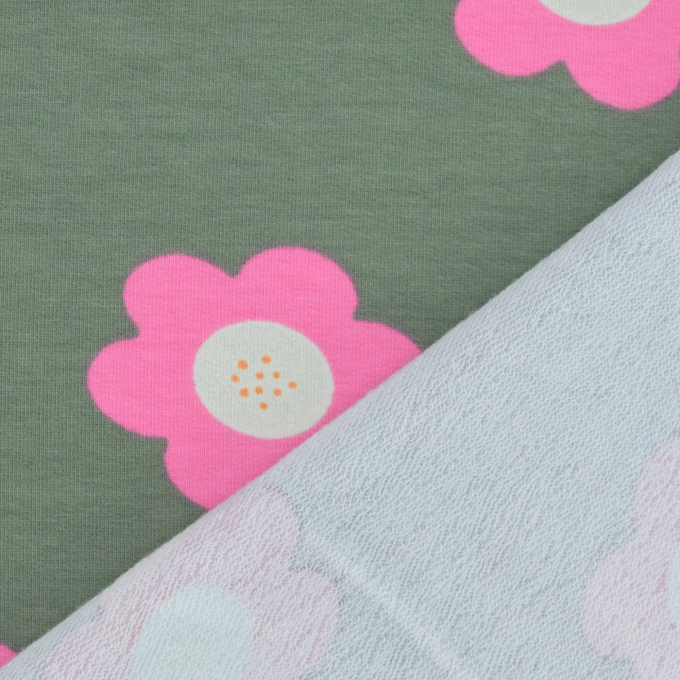 Tissu french terry sweat léger Fleurs big flowers, vert pâle