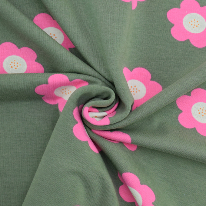 Tissu french terry sweat léger Fleurs big flowers, vert pâle