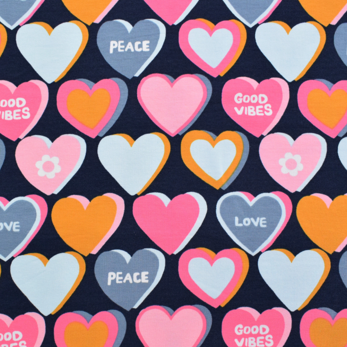 French Terry Big Hearts, marineblauw